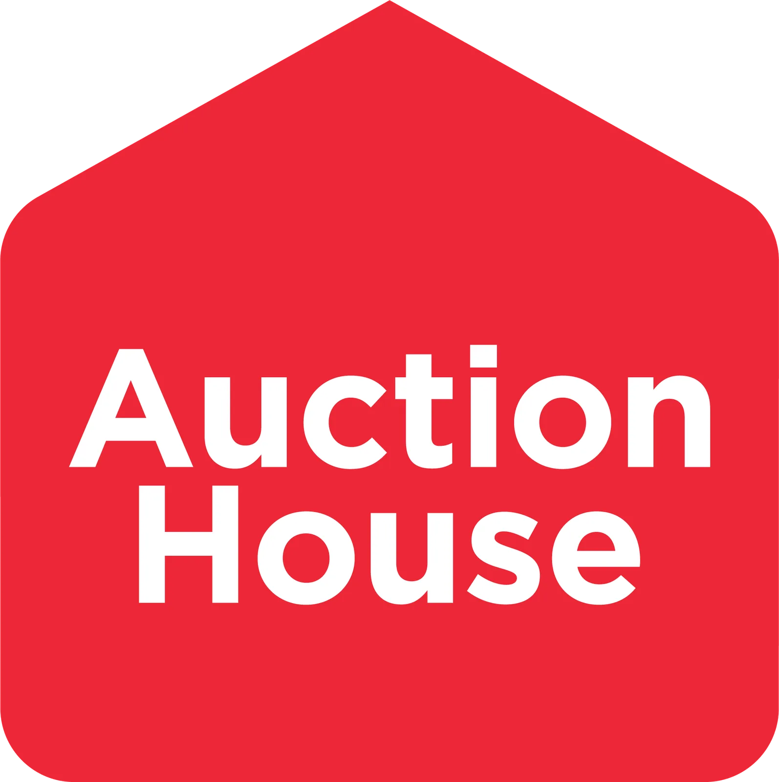 Auction House logo, the words Auction House in white on a red badge shaped like a house